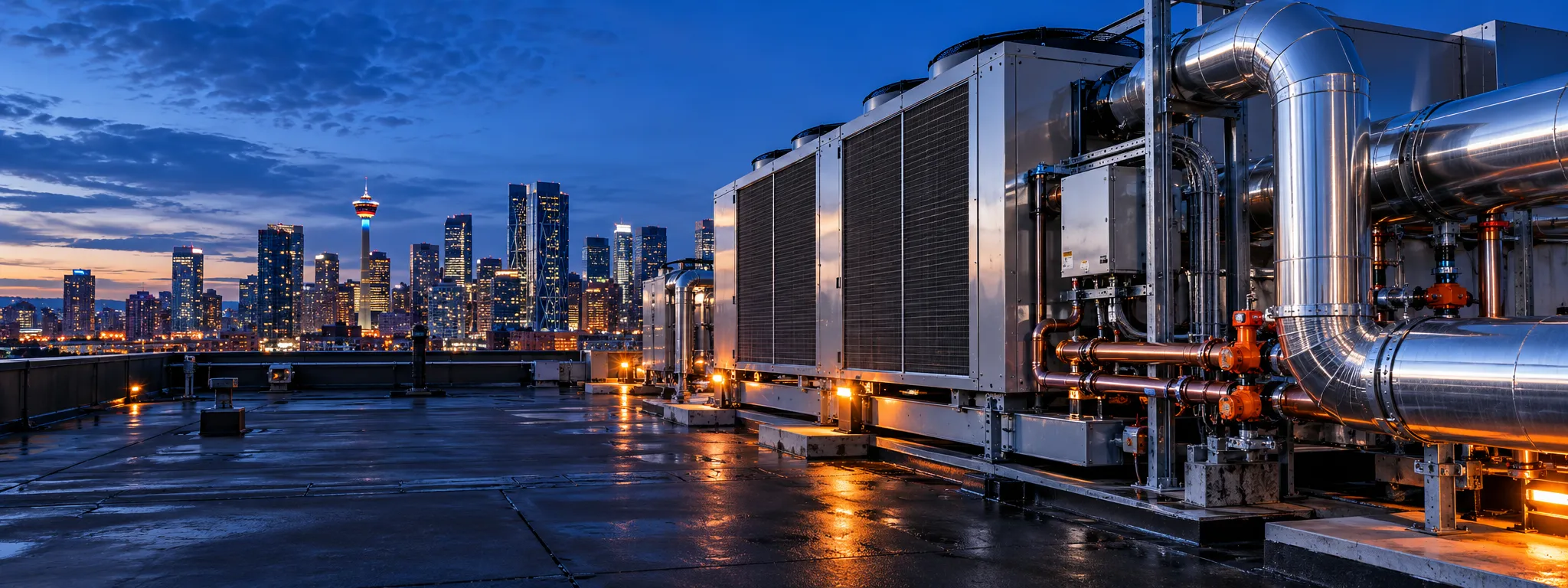 Commercial heating pipes, ventilation ducts and rooftop air conditioning overlooking Calgary at dusk