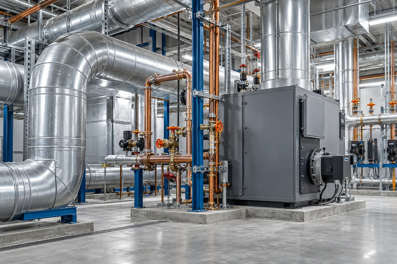 Silver commercial ventilation ducts, hydronic heating pipes and mechanical equipment