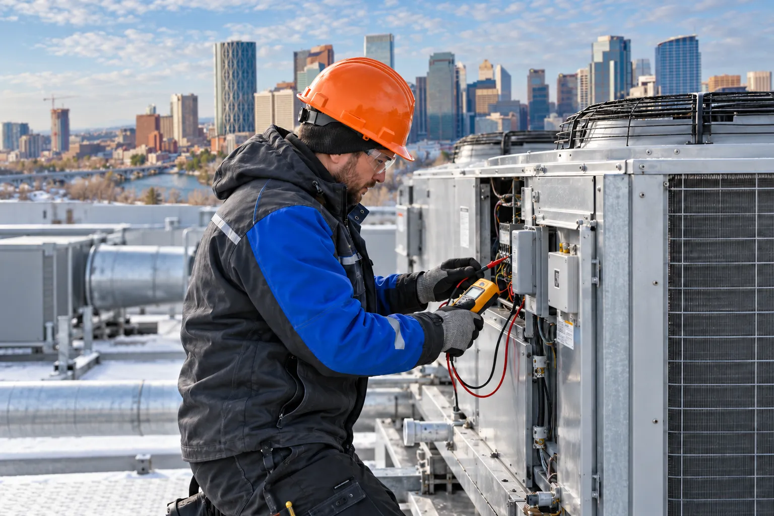 HVAC technician inspecting rooftop equipment with the Calgary skyline in the background